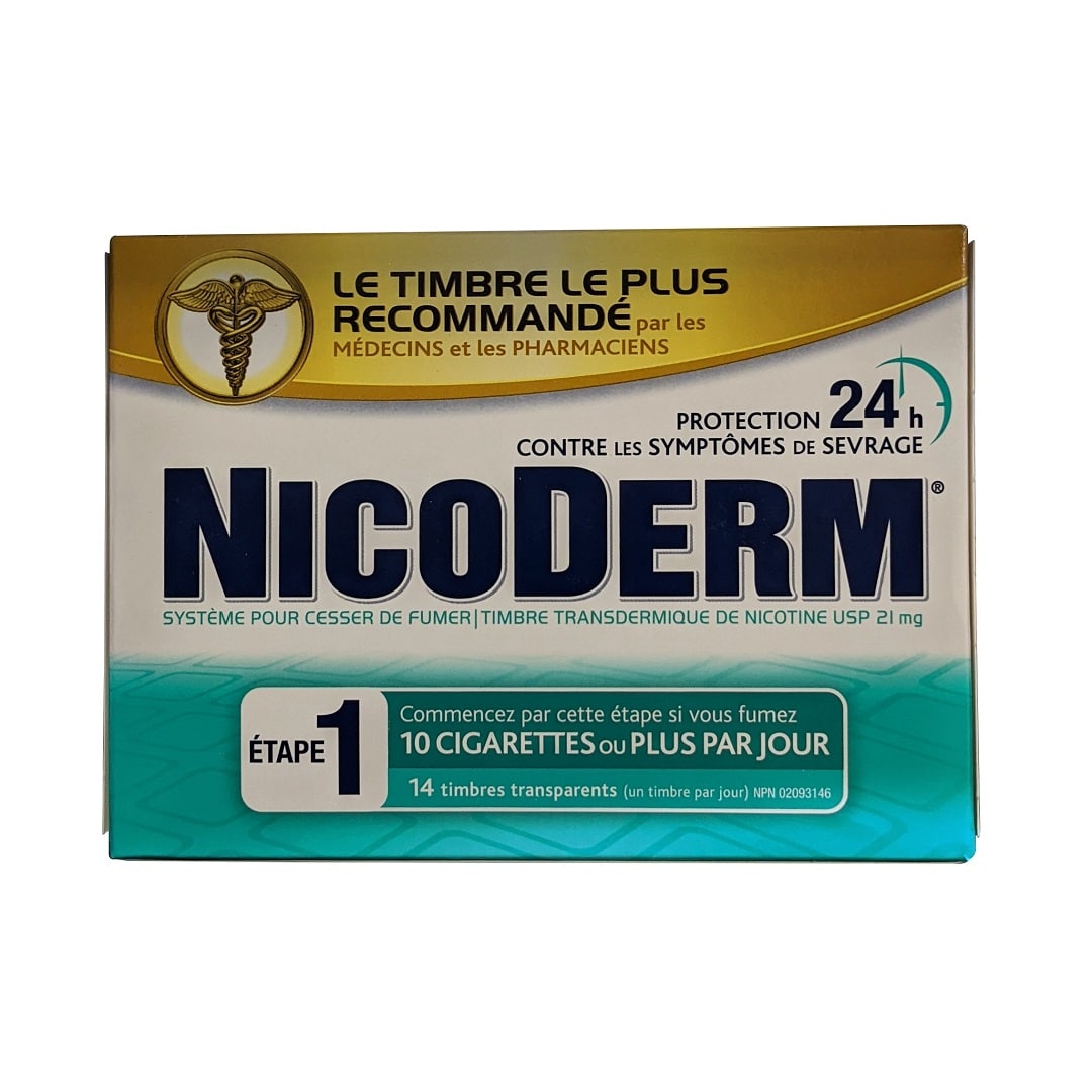 Product label for Nicoderm Step 1 Clear Nicotine Patches (14 count) in French