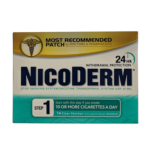 Product label for Nicoderm Step 1 Clear Nicotine Patches (14 count) in English