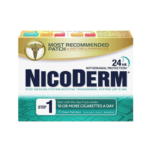 Product label for Nicoderm Step 1 Clear Nicotine Patches (7 count)