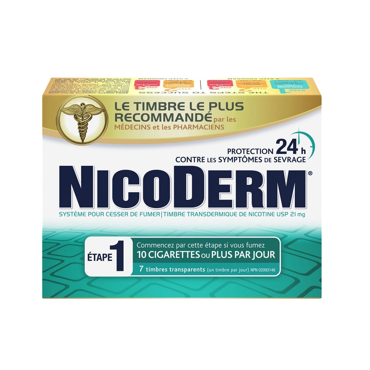 Product label for Nicoderm Step 1 Clear Nicotine Patches (7 count) in French