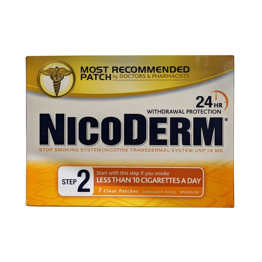 Product label for Nicoderm Step 2 Clear Nicotine Patches (7 count) in English