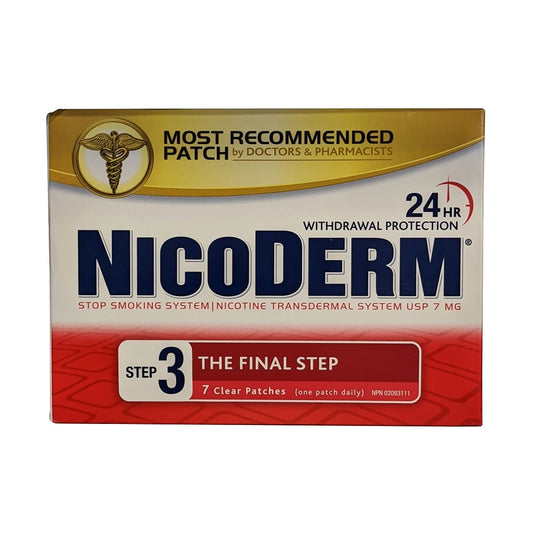 Product label for Nicoderm Step 3 Clear Nicotine Patches (7 count) in English
