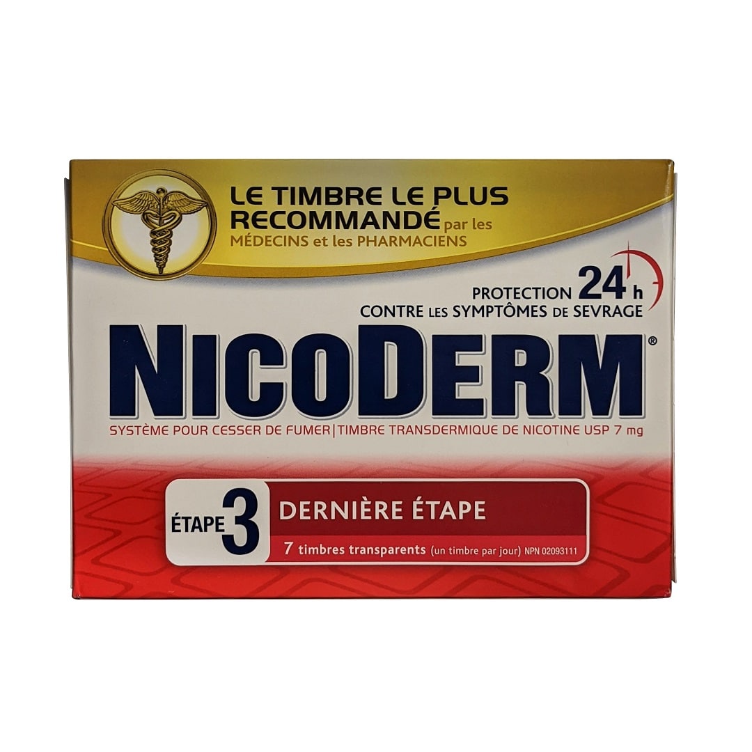 Product label for Nicoderm Step 3 Clear Nicotine Patches (7 count) in French