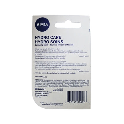 Description and ingredients for Nivea Hydro Care Lip Balm (2 x 4.8 grams)