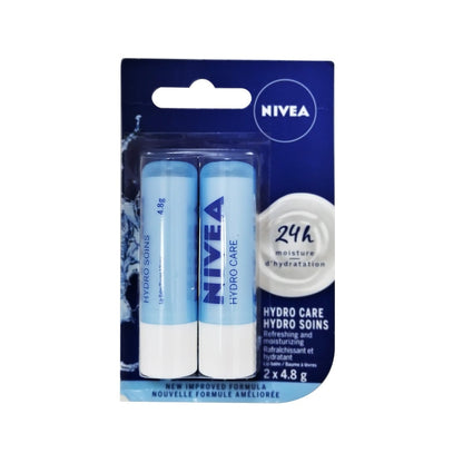 Product label for Nivea Hydro Care Lip Balm (2 x 4.8 grams)