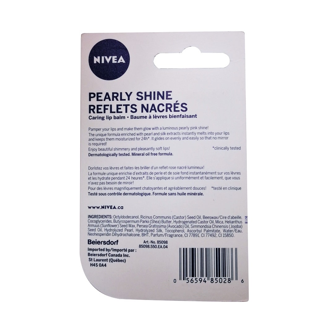 Description and ingredients for Nivea Pearly Shine Lip Balm (4.8 grams)