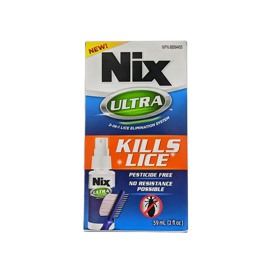 Product label for Nix Ultra Pesticide Free 2-in-1 Lice Elimination System (59 mL) in English