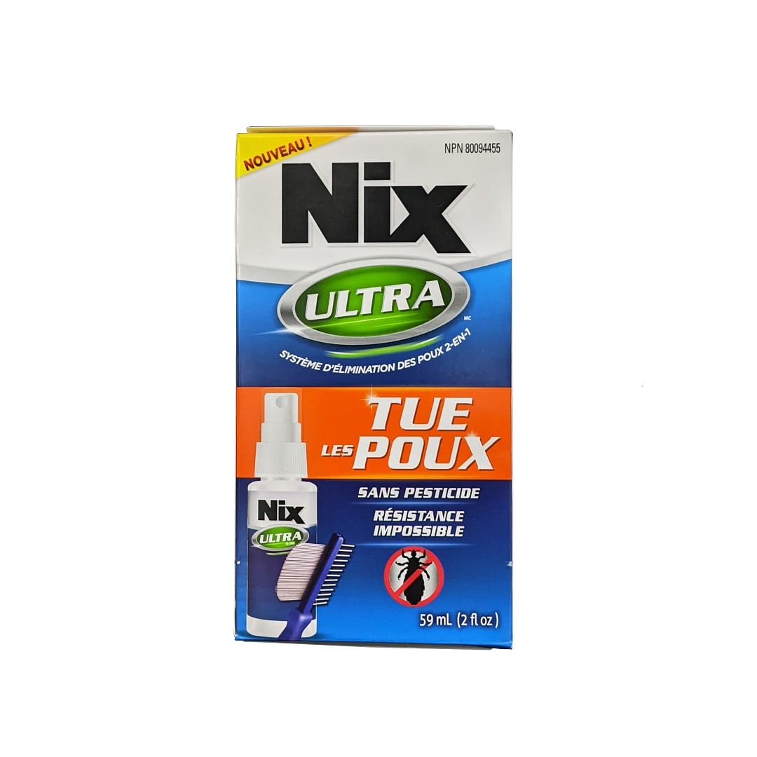 Product label for Nix Ultra Pesticide Free 2-in-1 Lice Elimination System (59 mL) in French