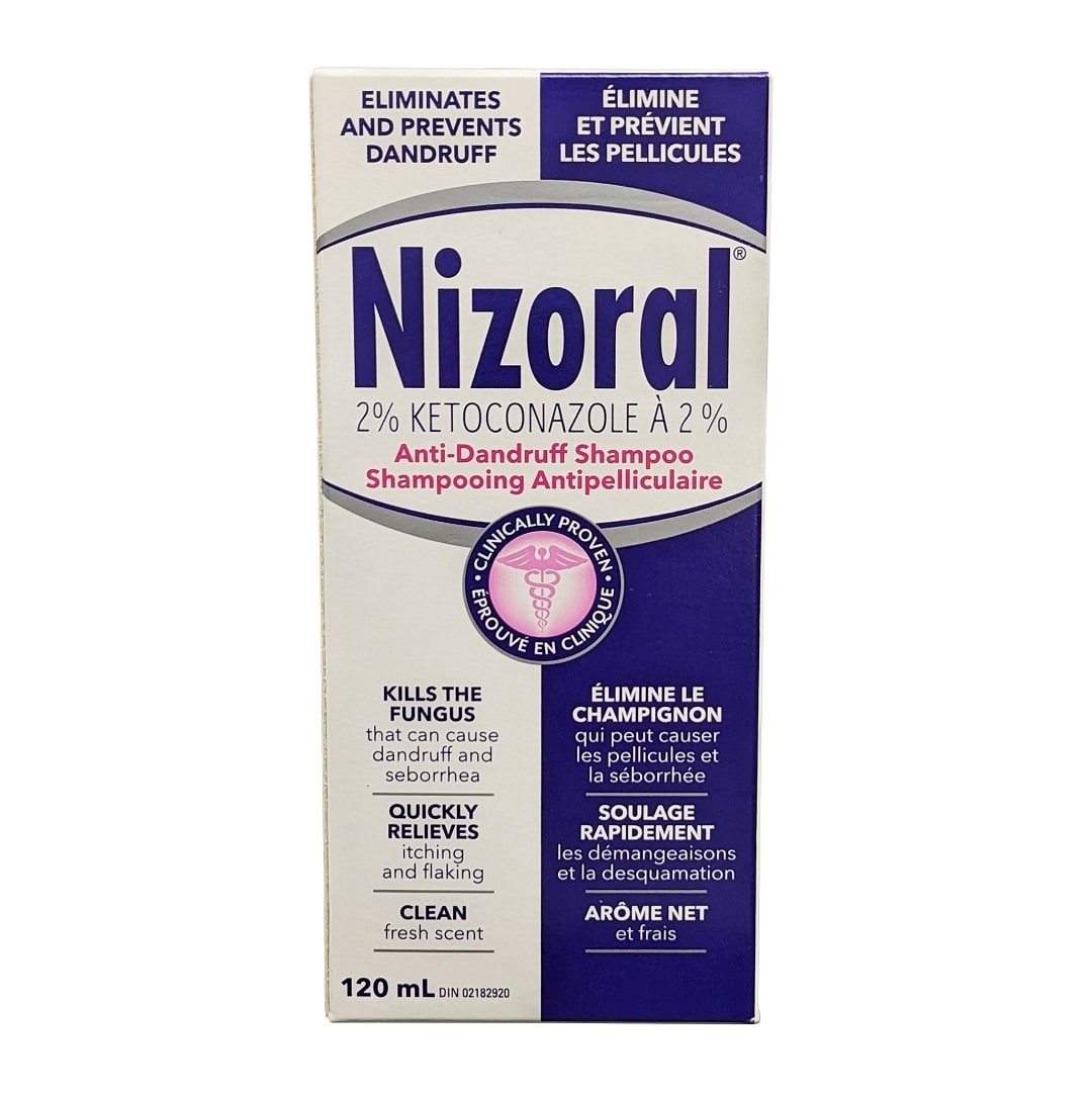 Product label for Nizoral Anti-Dandruff Shampoo Once a Week (120 mL)