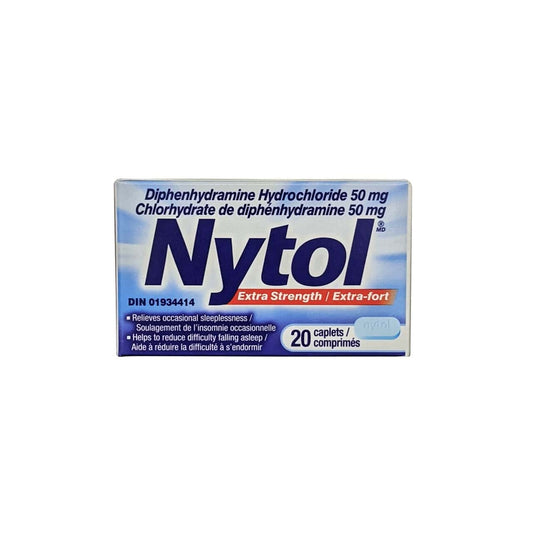 Product label for Nytol Extra Strength Caplets Diphenhydramine Hydrochloride 50 mg (20 caplets)