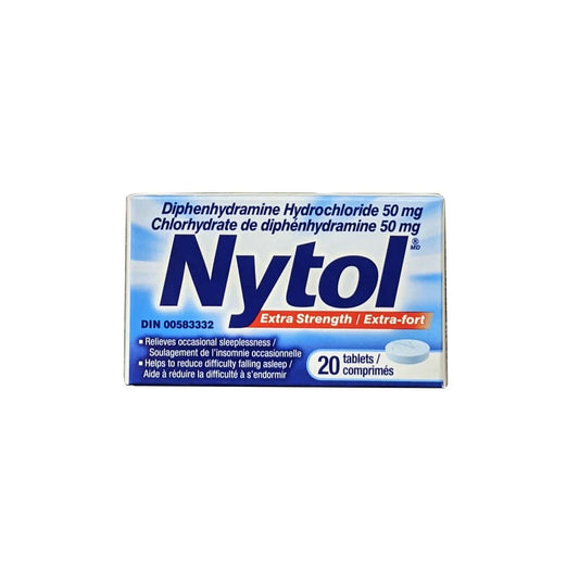 Product label for Nytol Extra Strength Tablets Diphenhydramine Hydrochloride 50 mg (20 tablets)