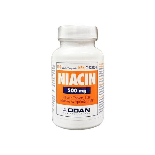 Product label for ODAN Niacin 500 mg (100 tablets)