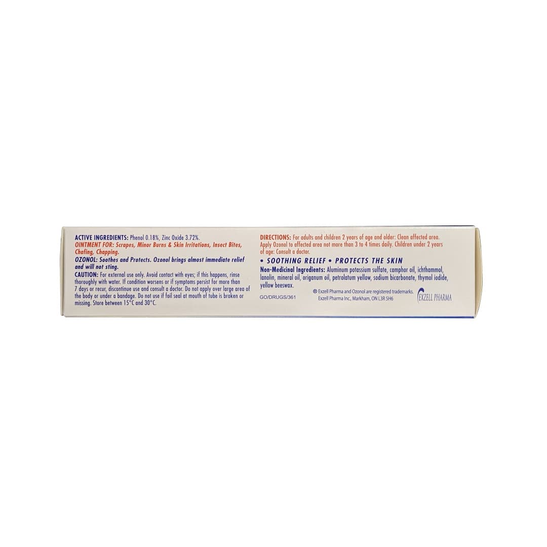 Ingredients, directions, cautions for Ozonol Non-Stinging Ointment for Scrapes, Minor Burns, and Skin Irritations (60 grams) in English