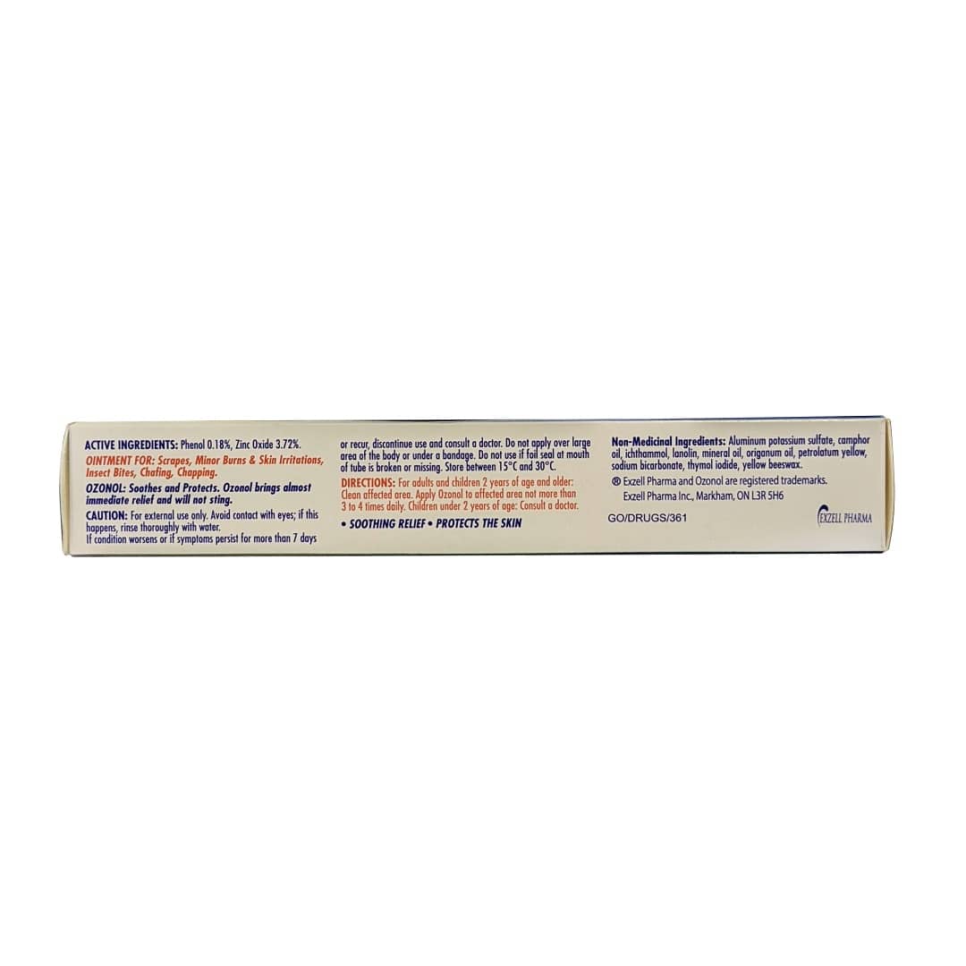 Ingredients, cautions, directions for Ozonol Non-Stinging Ointment for Scrapes, Minor Burns, and Skin Irritations (30 grams) in English