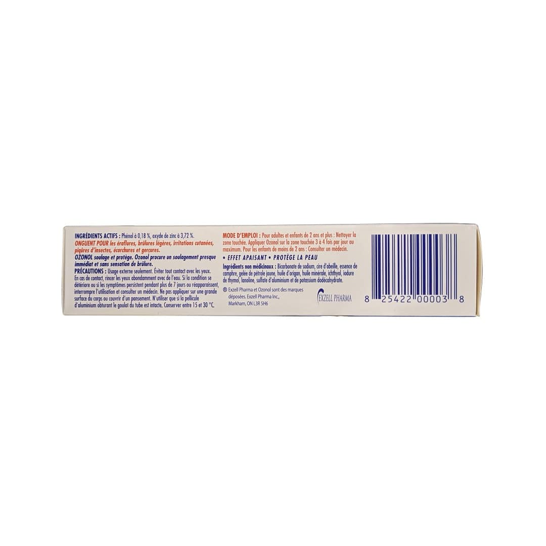 Ingredients, directions, cautions for Ozonol Non-Stinging Ointment for Scrapes, Minor Burns, and Skin Irritations (60 grams) in French