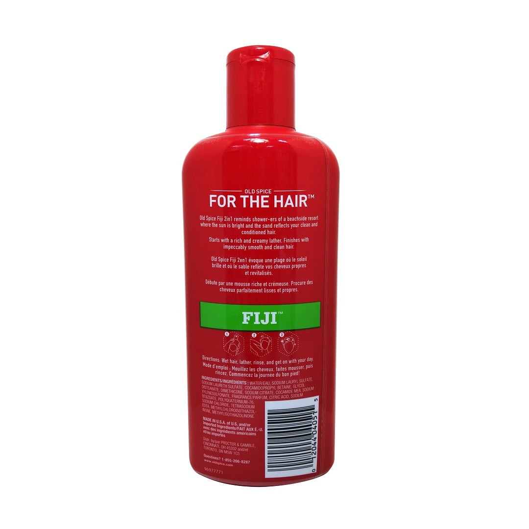 Description, directions, and ingredients for Old Spice Fiji 2-in-1 Shampoo and Conditioner (355mL)