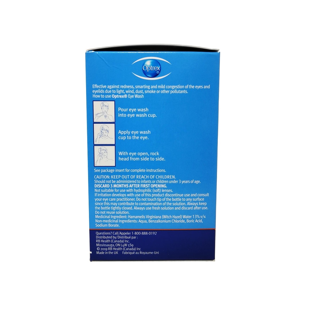 Details, instructions, ingredients, and caution for Optrex Sterile Eye Wash 110 mL in English