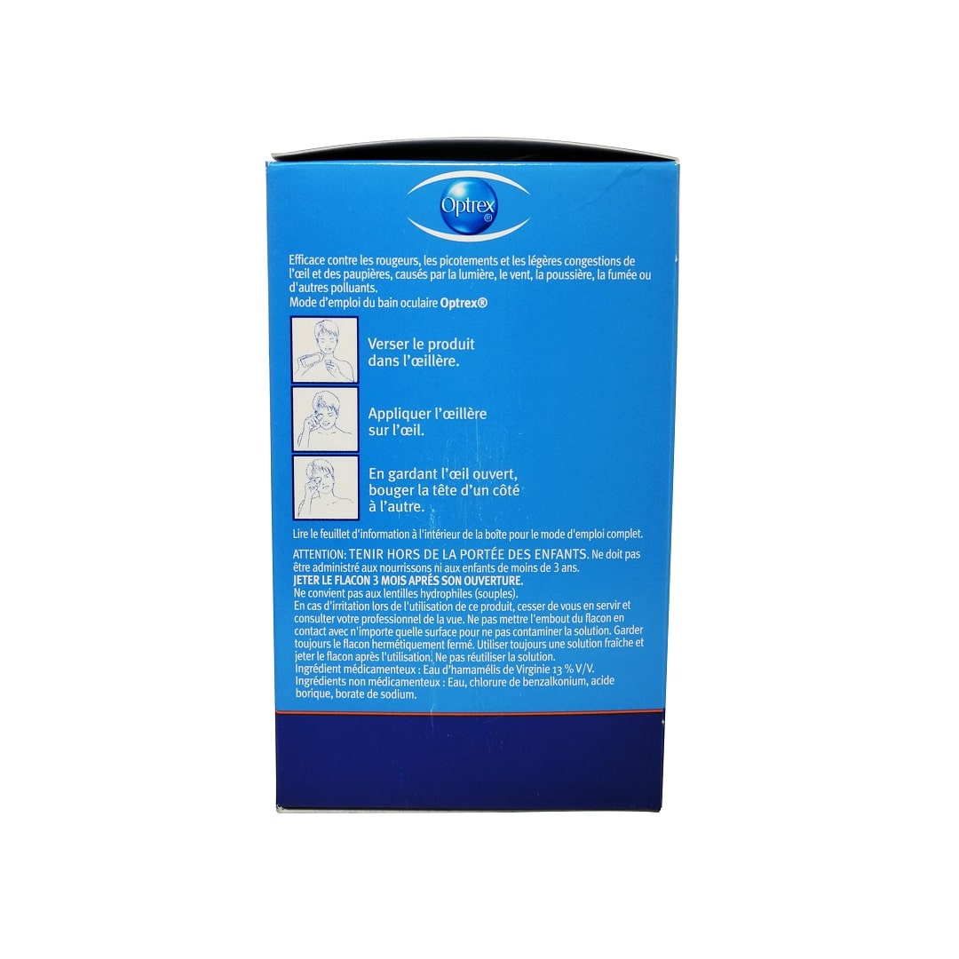 Details, instructions, ingredients, and caution for Optrex Sterile Eye Wash 110 mL in French