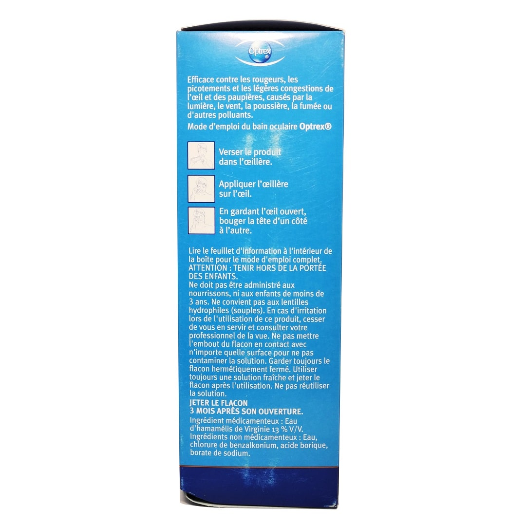 Description and ingredients for Optrex Sterile Eye Wash (300 mL) in French