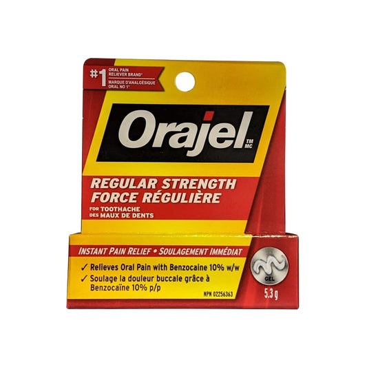Product label for Orajel Regular Strength for Toothache (5.3 grams)