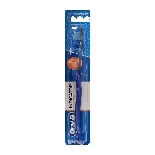 Product label for Oral-B Indicator Contour Clean Toothbrush Medium Bristles Blue
