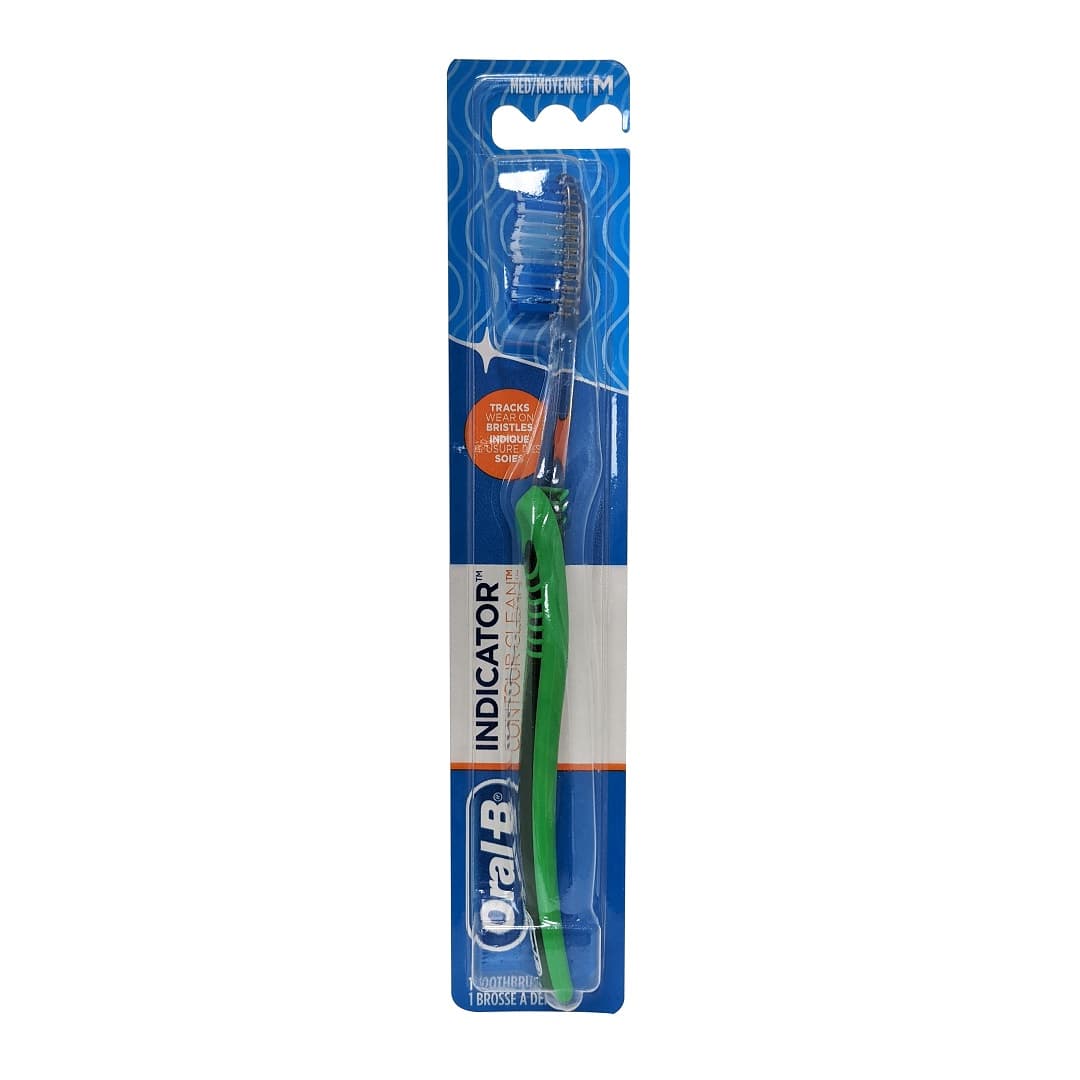 Product label for Oral-B Indicator Contour Clean Toothbrush Medium Bristles Green