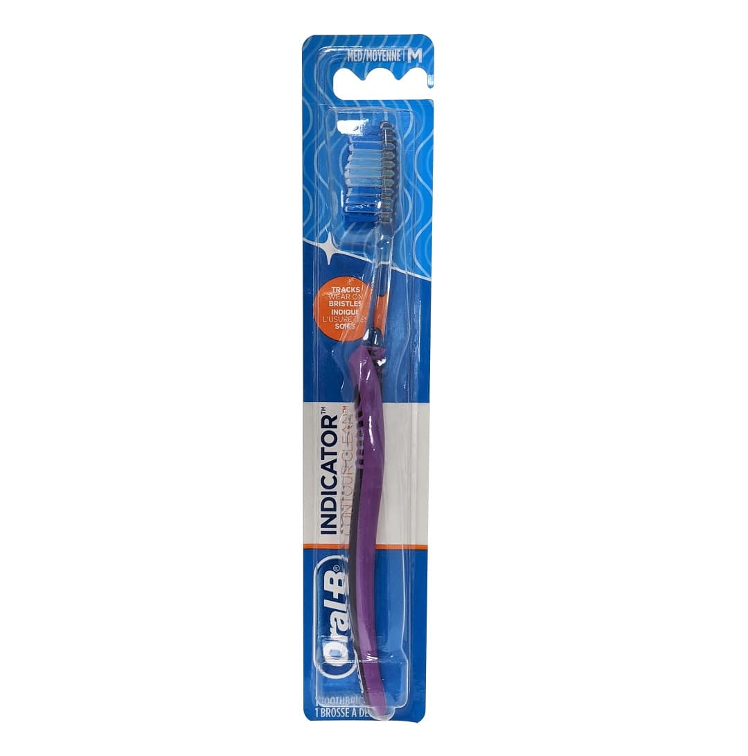 Product label for Oral-B Indicator Contour Clean Toothbrush Medium Bristles Purple