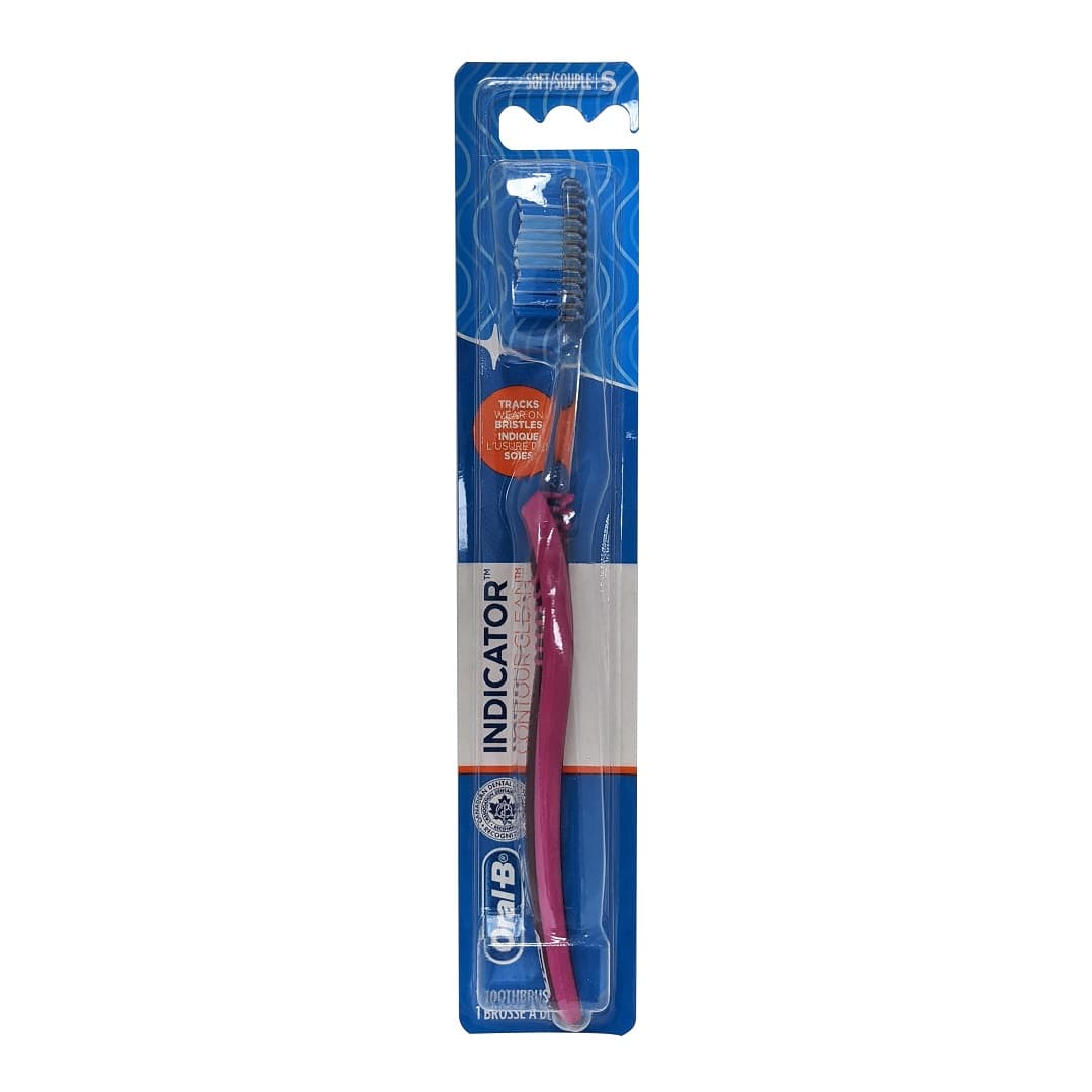 Product label for Oral-B Indicator Contour Clean Toothbrush Soft Bristles Red