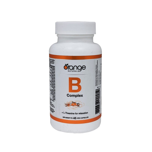 Product label for Orange Naturals B-Complex with L-Theanine (45 capsules) in English
