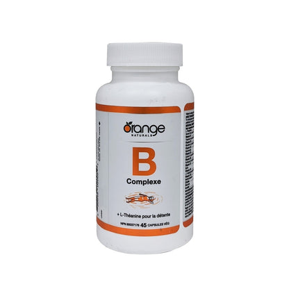 Product label for Orange Naturals B-Complex with L-Theanine (45 capsules) in French