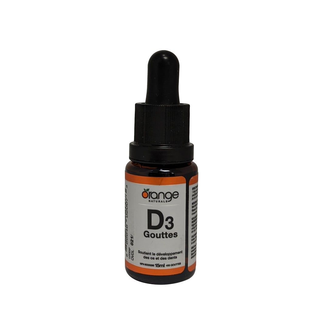 Product label for Orange Naturals Vitamin D3 Drops 1000 IU (15 mL / 450 drops) in French