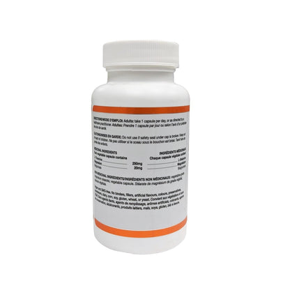 Ingredients, directions, and caution for Orange Naturals L-Theanine with Magnesium 250 mg (60 capsules)