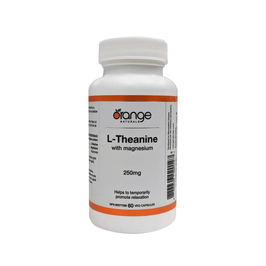 Product label for Orange Naturals L-Theanine with Magnesium 250 mg (60 capsules) in English