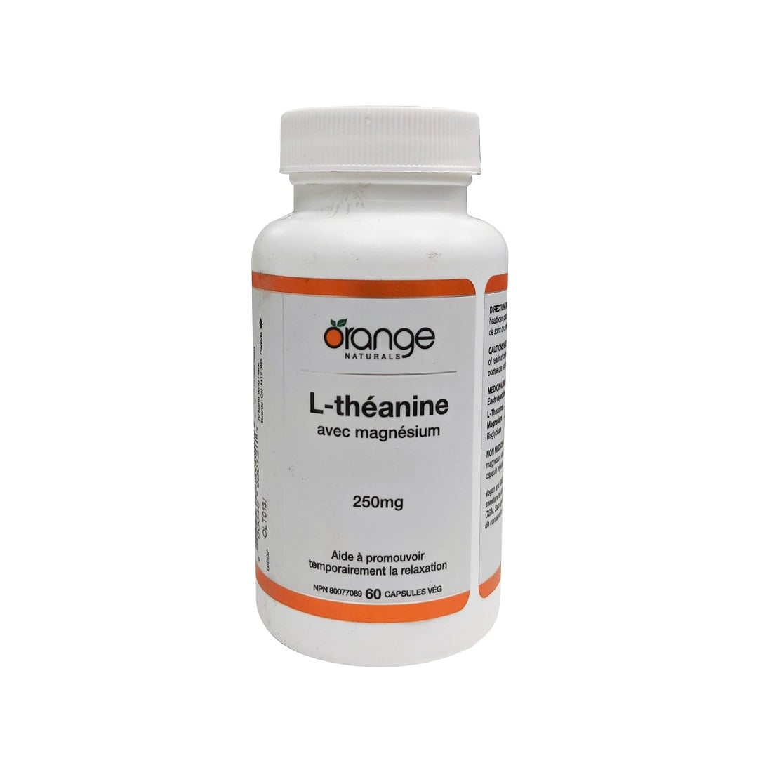 Product label for Orange Naturals L-Theanine with Magnesium 250 mg (60 capsules) in French