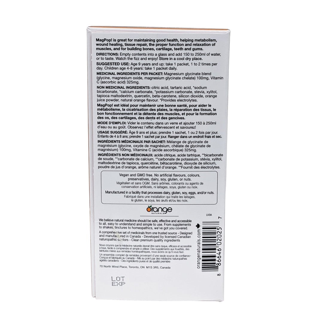 Description, uses, ingredients for Orange Naturals MagPop! Magnesium Glycinate Powder (35 Sachets)
