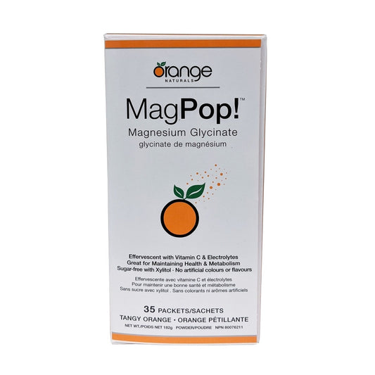 Product label for Orange Naturals MagPop! Magnesium Glycinate Powder (35 Sachets)