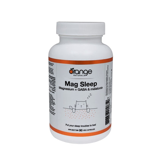 Product label for Orange Naturals Mag Sleep Magnesium + GABA & Melatonin (90 capsules) in English