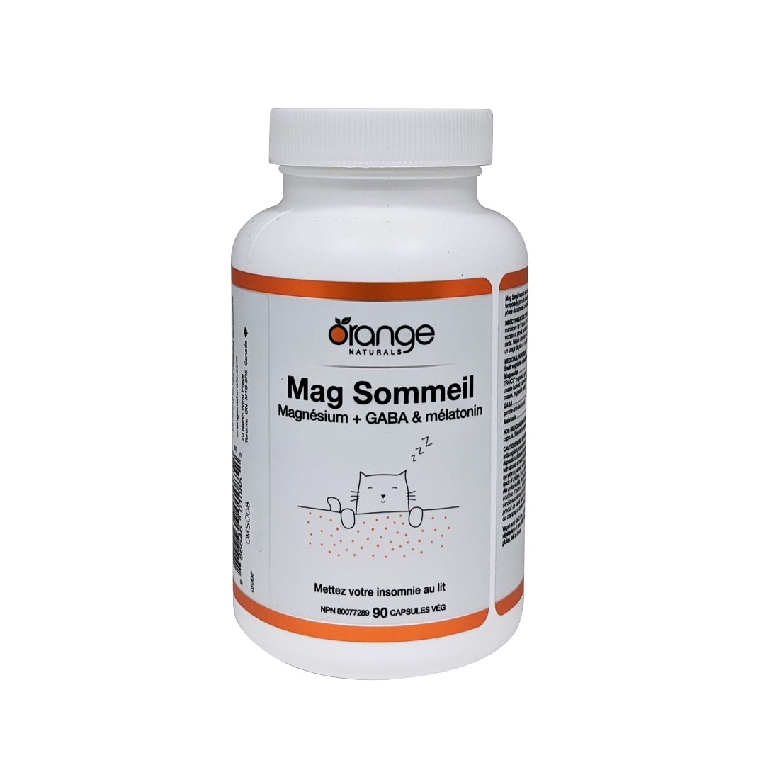 Product label for Orange Naturals Mag Sleep Magnesium + GABA & Melatonin (90 capsules) in French