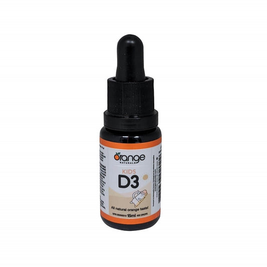 Product label for Orange Naturals Vitamin D3 Drops for Kids 400 IU (15 mL / 450 drops) in English
