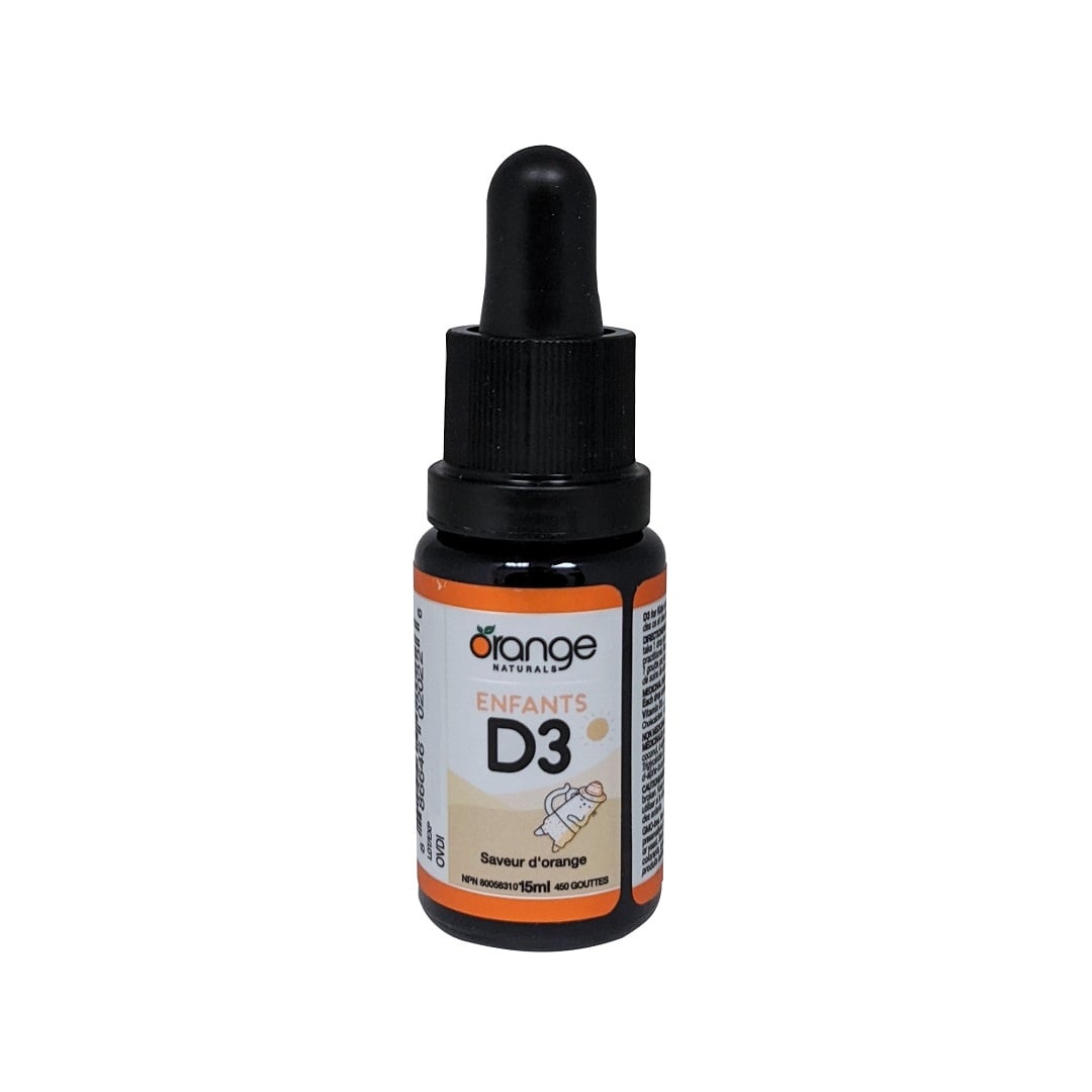 Product label for Orange Naturals Vitamin D3 Drops for Kids 400 IU (15 mL / 450 drops) in French