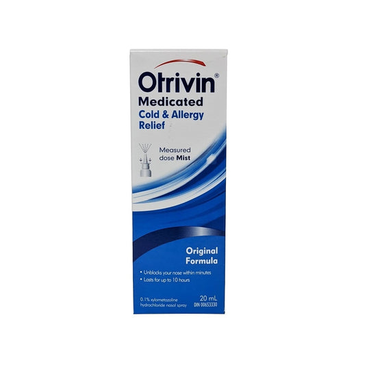 Product label for Otrivin Medicated Cold and Allergy Relief Nasal Mist in English