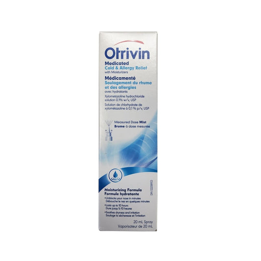 Product label for Otrivin Medicated Cold and Allergy Relief Moisturizing Measured Dose Nasal Mist (20 mL)