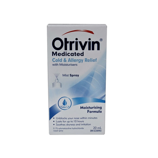 Product label for Otrivin Medicated Cold and Allergy Relief Moisturizing Mist Spray 20 mL in English