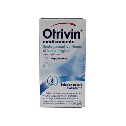 Product label for Otrivin Medicated Cold and Allergy Relief Moisturizing Mist Spray 20 mL in French