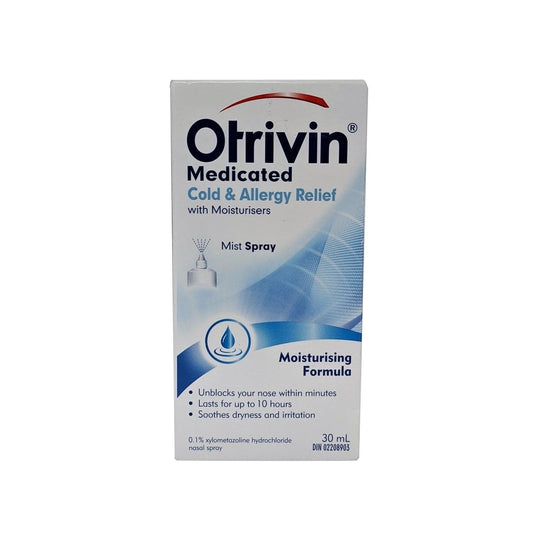 Product label for Otrivin Medicated Cold and Allergy Relief Moisturizing Mist Spray 30 mL in English