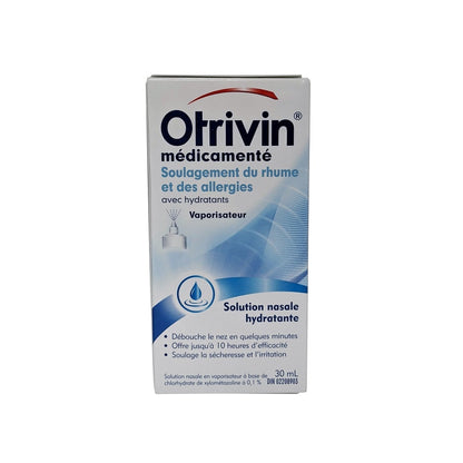 Product label for Otrivin Medicated Cold and Allergy Relief Moisturizing Mist Spray 30 mL in French