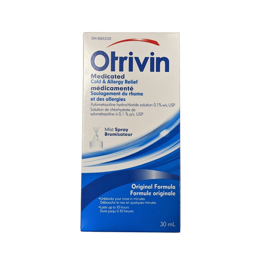 Product label for Otrivin Medicated Cold and Allergy Relief Nasal Mist (30 mL)