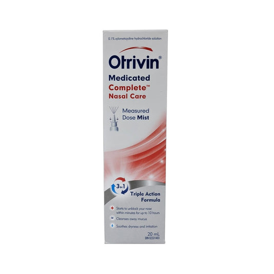 Product label for Otrivin Medicated Complete Nasal Care Triple Action Nasal Mist in English