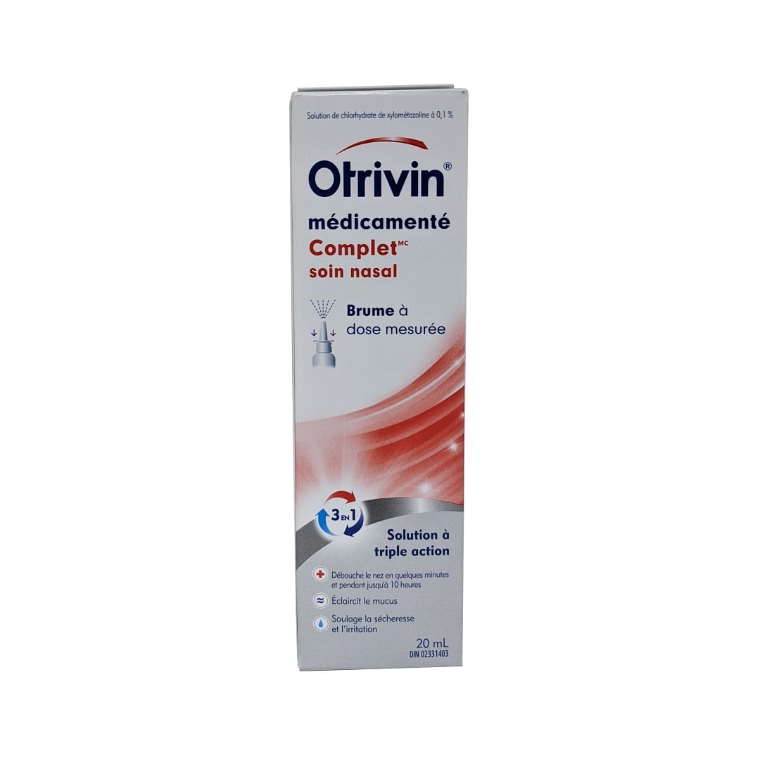 Product label for Otrivin Medicated Complete Nasal Care Triple Action Nasal Mist in French