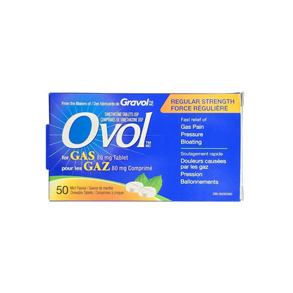 Product label for Ovol Regular Strength Simethicone 80mg Peppermint Flavour (50 tablets)